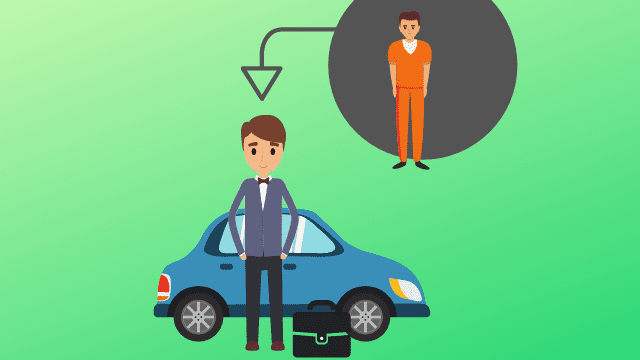 Animated graphic shows a man in an orange jumper is standing in the corner. An arrow points from him to a happier man in the forefront of the image. This man stands in front of a car and has a briefcase nearby.