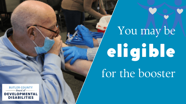 You may be eligible for the COVID-19 Booster An older man receives an injection. Text reads: You may be eligible for the booster.