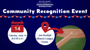 Patriotic, baseball-themed graphic reads: Community Recognition Event on Tuesday, June 14 at 6:00 p.m. at the Joe Nuxhall Miracle League Fields