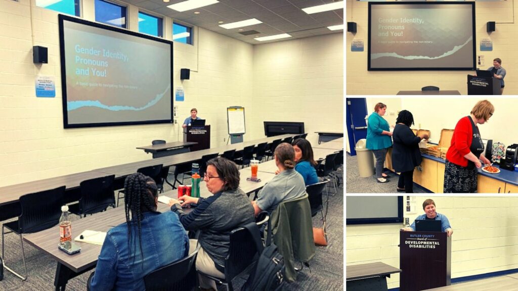 someone giving a presentation to an audience of employees eating lunch