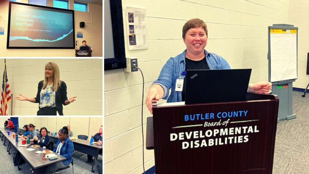 a collage of photos that include a presentation and someone giving the presentation, employees eating lunch