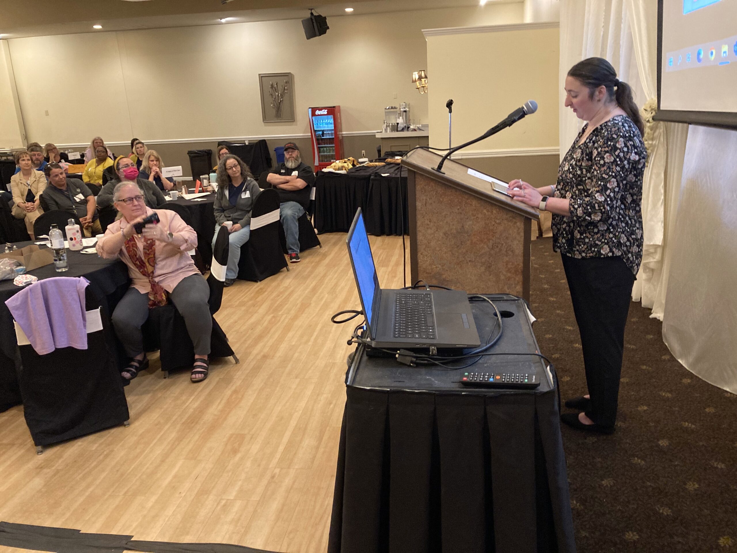 Keynote Speaker, Jamie "Druhun" Green, speaking at the All-Staff Meeting in front of all the BCBDD staff members.