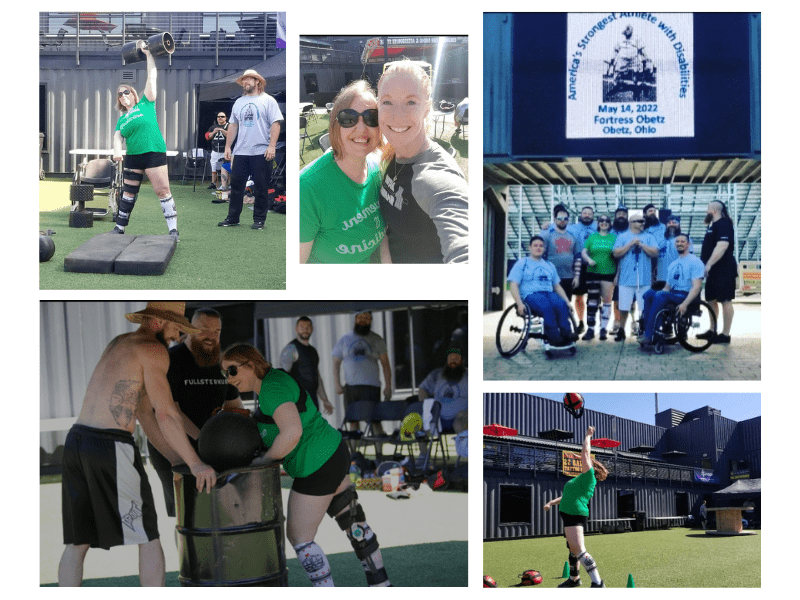 A photo collage of BCBDD SSA Kelly Studebaker competing at the Strongest Woman with Disabilities competition
