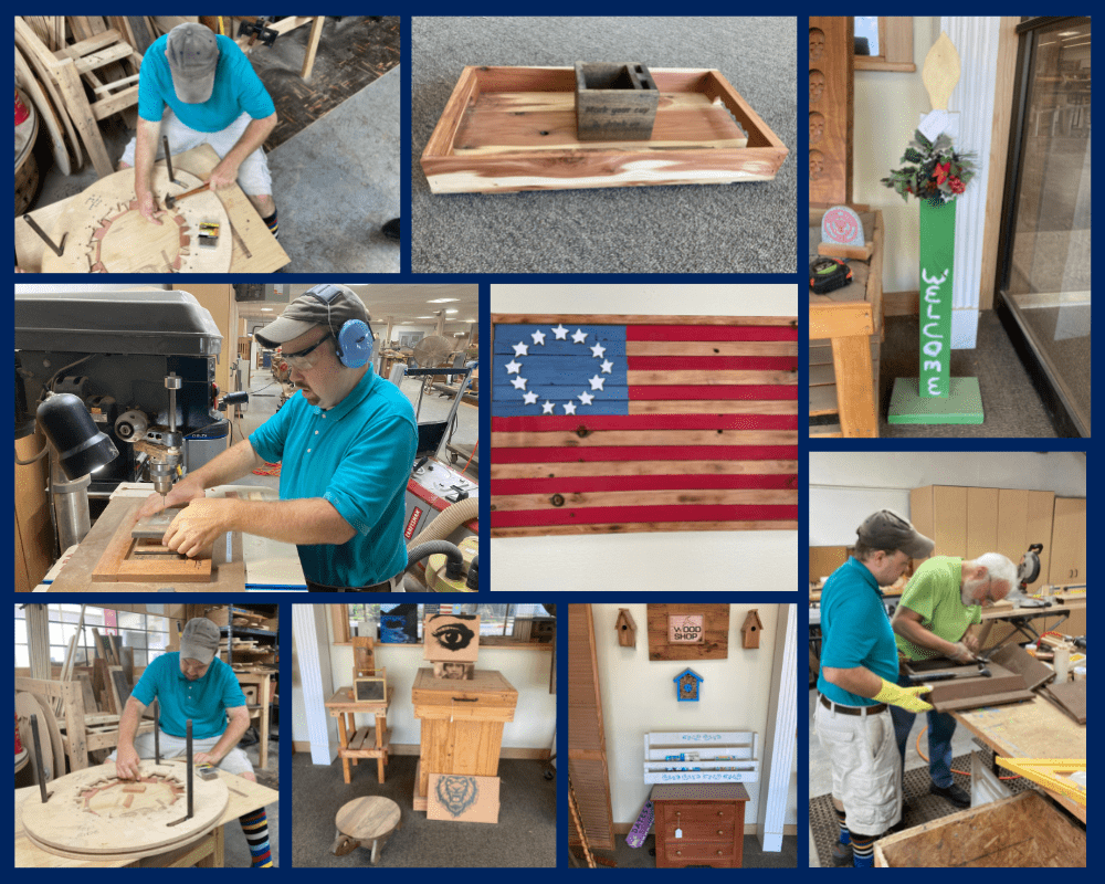 photo collage of custom wood and man working in the woodshop