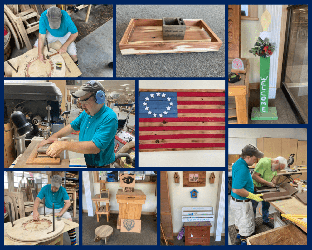 collage fotográfico de madera a medida y hombre trabajando en el taller de carpintería