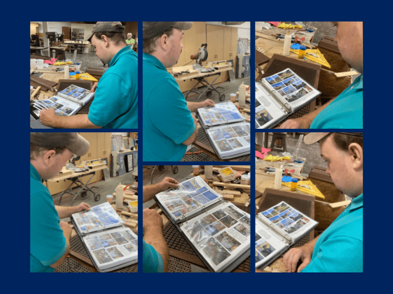 a photo collage of a man looking at a picture book