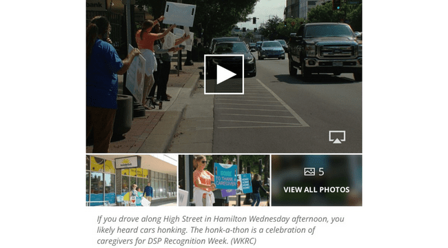 a collage of photos of people outside on the sidewalk holding signs in front of a building