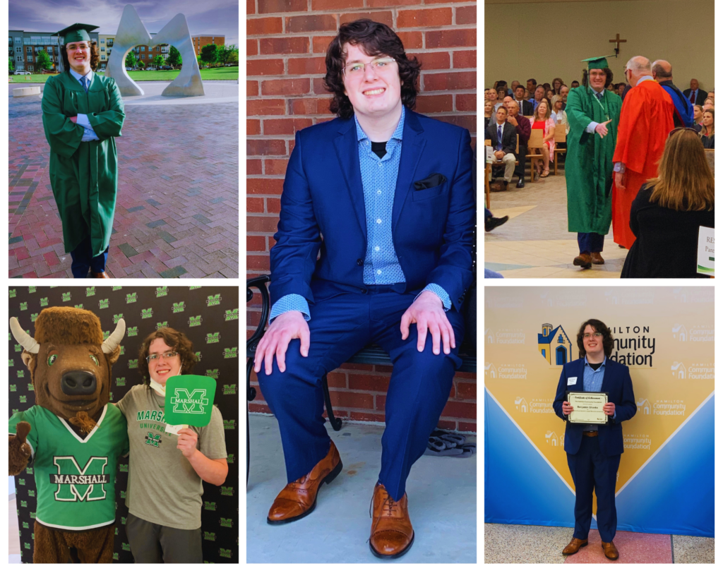 A photo collage of a man with photos of him graduating from Badin Highschool, getting awards, and getting accepted into Marshall University