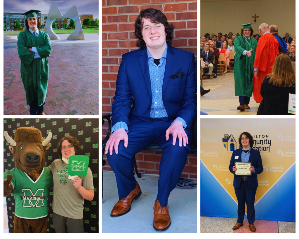 Un collage de fotos de un hombre con fotos de él graduándose de Badin Highschool, recibiendo premios y siendo aceptado en la Universidad de Marshall.