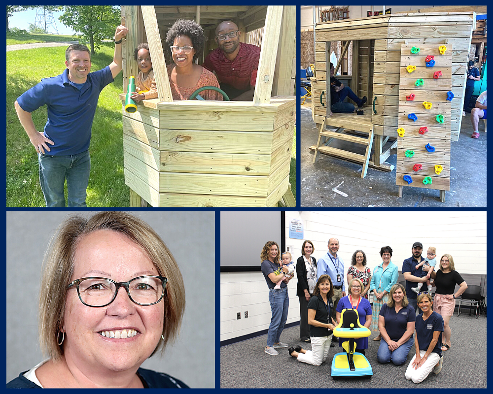 A collage of photos that feature Physical Therapists helping children with developmental disabilities