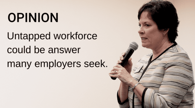 A graphic with a woman standing with a microphone speaking with text that says, "Opinion, Untapped workforce could be answer many employers seek."