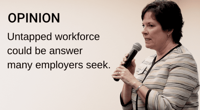 A graphic with a woman standing with a microphone speaking with text that says, "Opinion, Untapped workforce could be answer