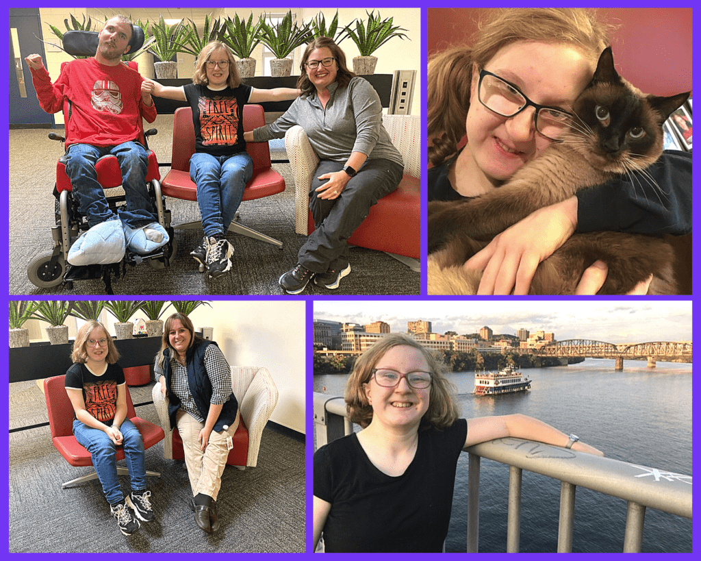 A collage of photos of a woman with her family, her cat, her SSA, and on a family trip