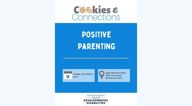 A graphic that reads "Cookies and Connections: Positive Parenting."