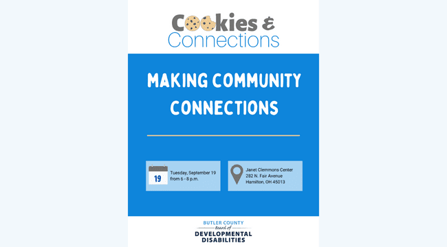 A graphic that reads "Cookies and Connections: Making Community Connections."