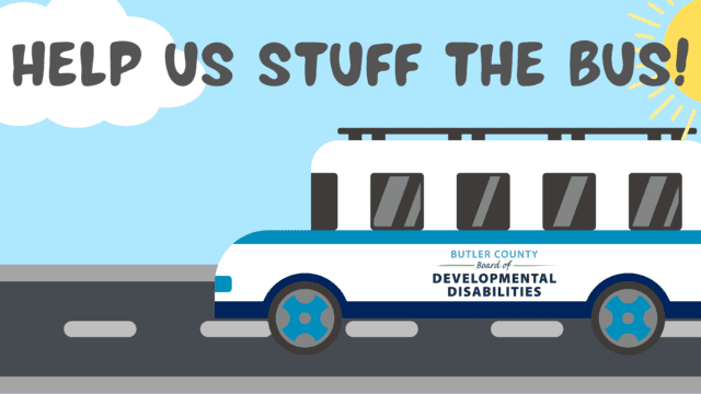 A graphic shows a bus with the Butler County Board of Developmental Disabilities logo on the side. The bus drives down a road on a sunny day. Text at the top of the image reads 