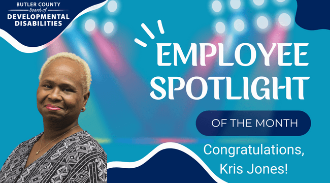 A graphic with  a spotlight and a woman with text that reads, "Employee Spotlight of the month, Congratulations, Kris Jones."