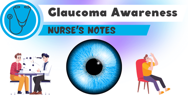 Nurse’s Notes: Glaucoma Awareness A graphic with an eyeball, an eye exam being given, and a man putting in eye drops with text that says,