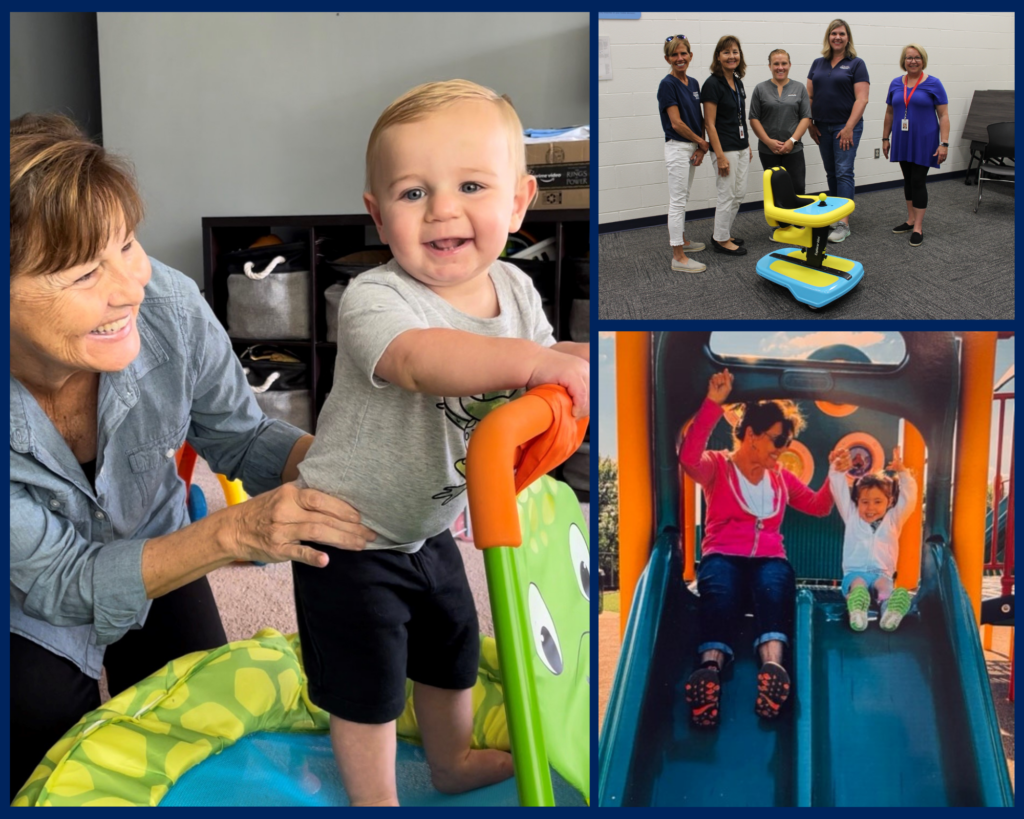 A photo collage that includes a woman doing physical therapy with a baby, going down a slide with a young girl, and standing indoors next to the Explorer Mini.