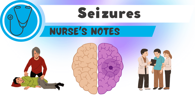 a graphic with a brain, a person having a seizure, and a person seeing the doctor with text that says, "Seizures, Nurses Notes."