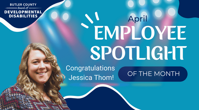 A graphic with a spotlight and a woman with text that reads, "April Employee Spotlight of the month, Congratulations, Jessica Thom!"