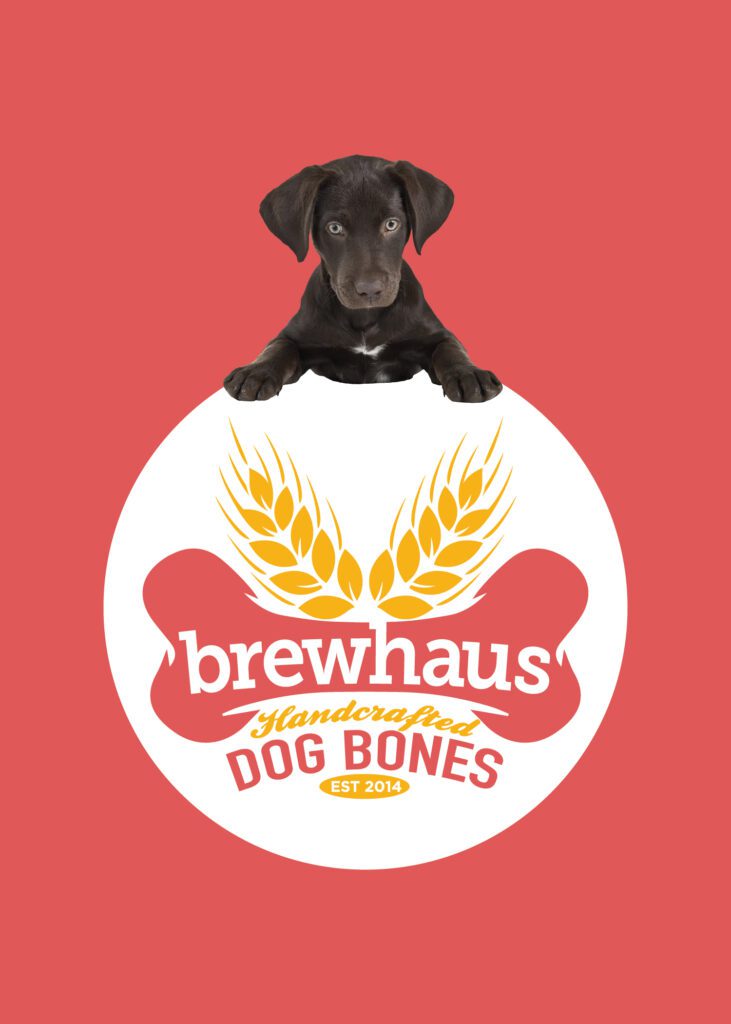 A graphic with a dog and text that reads, "Brewhaus Dog Bones."