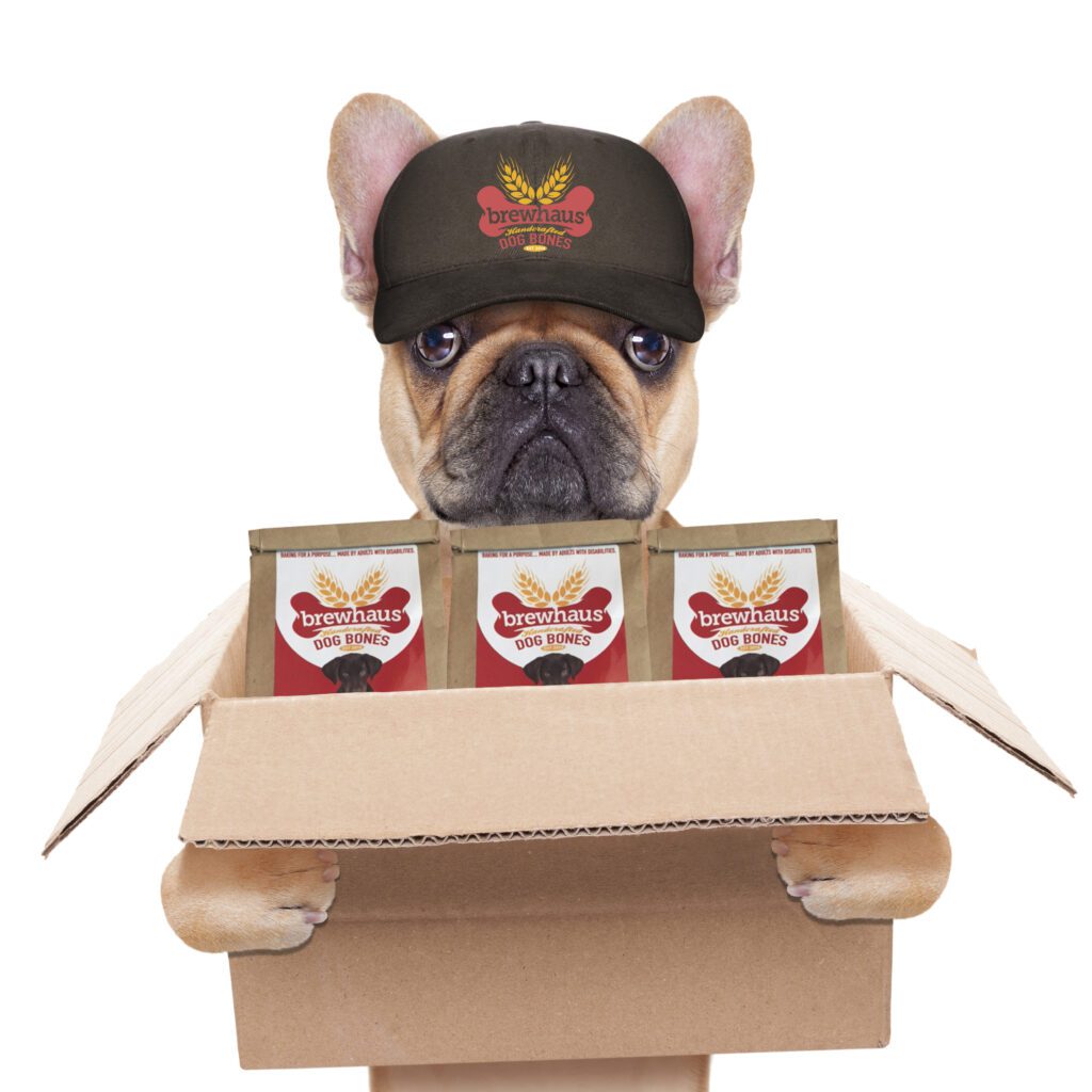 A dog with a hat on carrying a box of dog bones