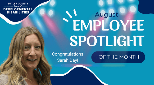 A graphic with a spotlight and a woman with text that reads, "August Employee Spotlight of the month, Congratulations, Sarah day!"
