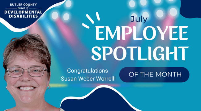A graphic with a spotlight and a woman with text that reads, "July Employee Spotlight of the month, Congratulations, Susan Weber Worrell!"
