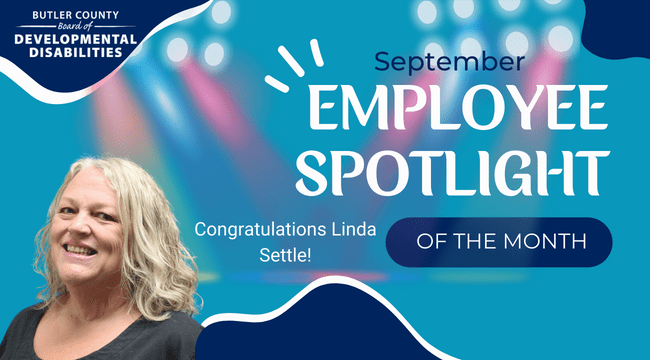 A graphic with a spotlight and a woman with text that reads, "August Employee Spotlight of the month, Congratulations, Linda Settle!"