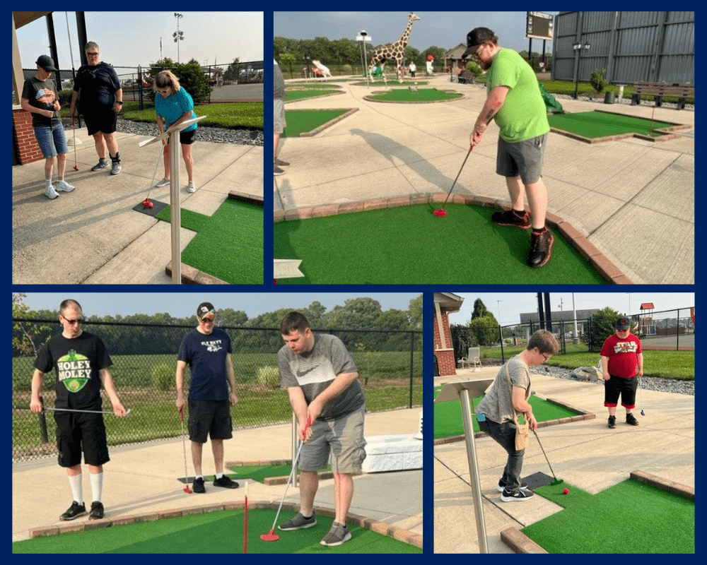 a photo collage of 10 people playing putt-putt golf outdoors