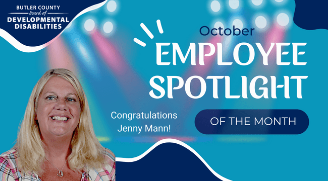 A graphic with a spotlight and a headshot with text that reads, "Congratulations Jenny Mann, October Employee Spotlight of the Month."