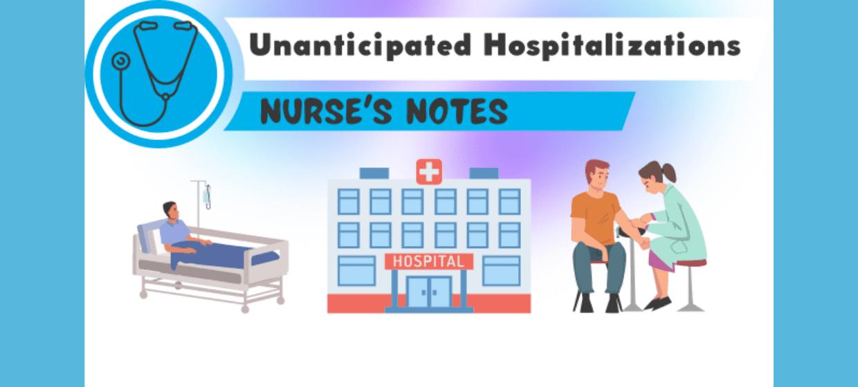 A graphic with a hospital, a person in a hospital bed, and a person getting a check up with text that says, ""Unanticipated Hospitalizations, Nurses Notes."