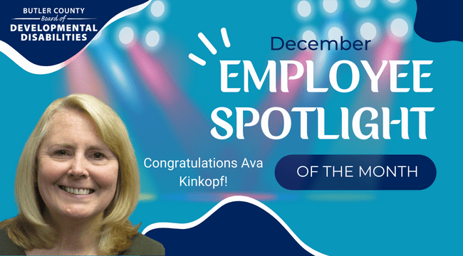 A graphic with a spotlight and a headshot with text that reads, "Congratulations Ava Kinkopf, December Employee Spotlight of the Month."