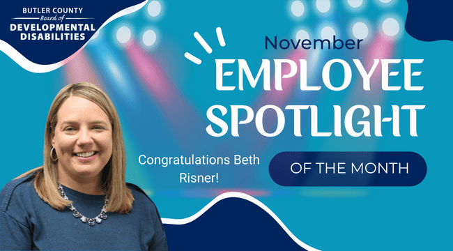 A graphic with a spotlight and a headshot with text that reads, "Congratulations Beth Risner, November Employee Spotlight of the Month."