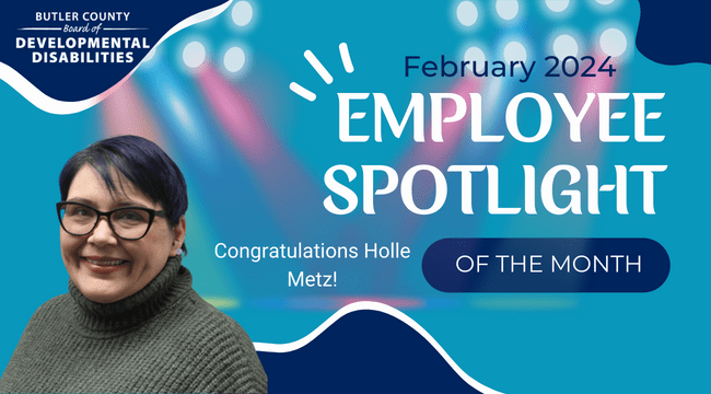 A graphic with a spotlight and a headshot with text that reads, "Congratulations Holle Metz, February 2024 Employee Spotlight of the Month."