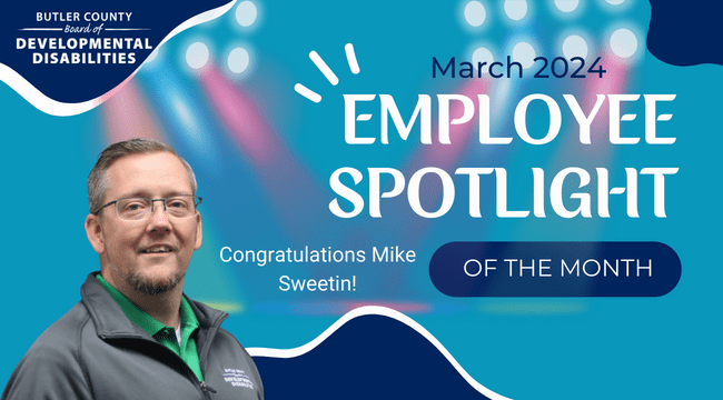 A graphic with a spotlight and a headshot with text that reads, "Congratulations Mike Sweetin, March 2024 Employee Spotlight of the Month."