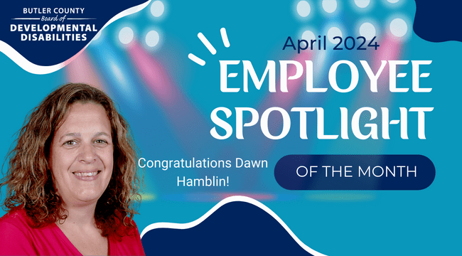 A graphic with a spotlight and a headshot with text that reads, "Congratulations Dawn Hamblin, April 2024 Employee Spotlight of the Month."