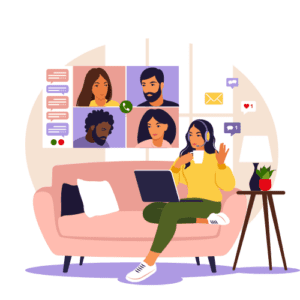 an animation shows a woman sitting on her couch with a laptop on her lap. She drinks coffee and wears headphones. Floating above the laptop is an image of what must be on the screen. It shows four people in a virtual meeting. The woman on the couch appears to be in the meeting with them. 