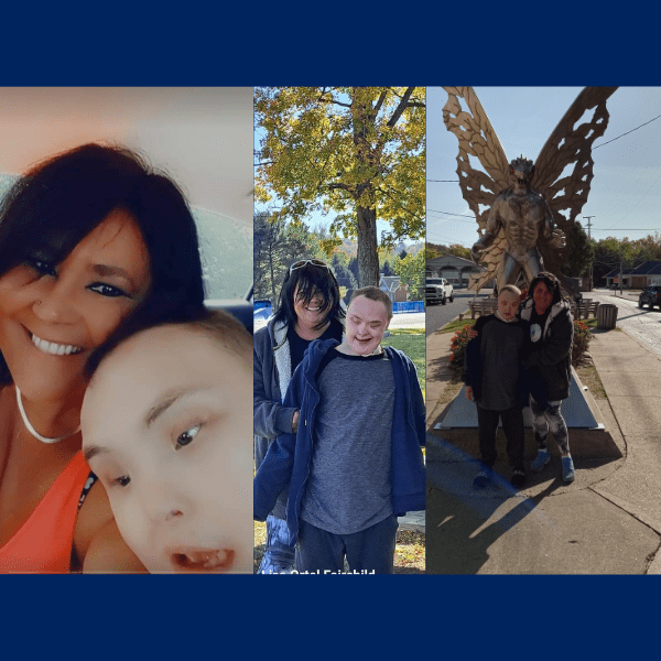A collage of photos with a mom and her son smiling
